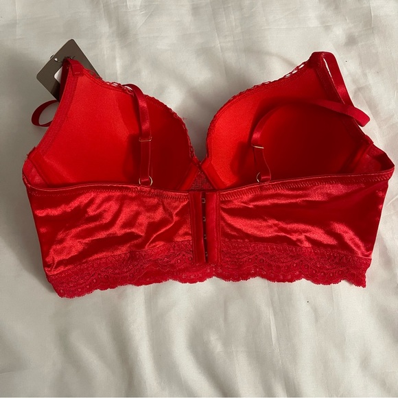 Red satin lace long line bra and panty two piece set - Picture 3 of 7